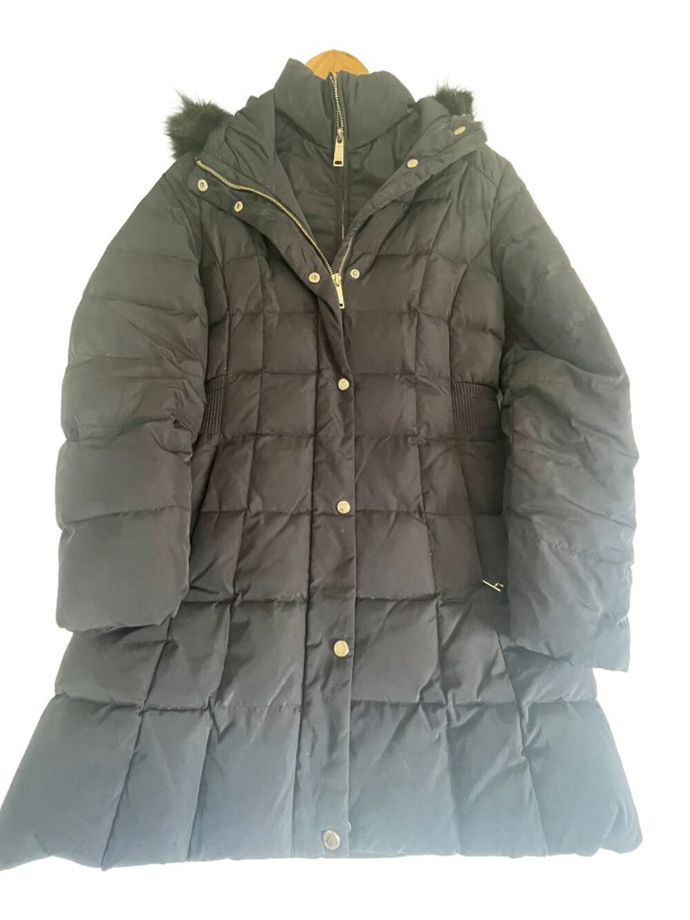 Calvin Klein Women's S Navy Down Puffer Coat Faux Fur Hood Long Winter Parka